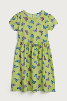 printed cotton round neck girls casual wear dress - green