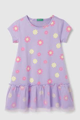 printed cotton round neck girls casual wear dress - lilac