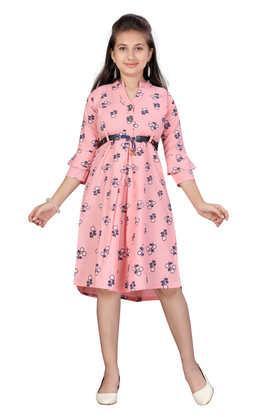 printed cotton round neck girls casual wear dress - pink