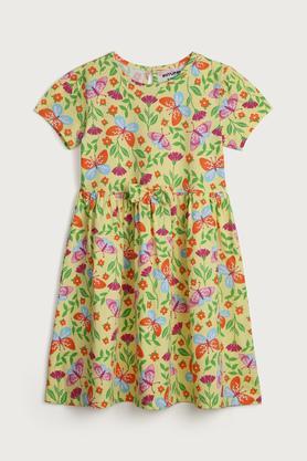 printed cotton round neck girls casual wear dress - yellow