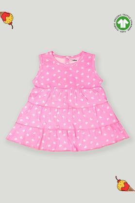 printed cotton round neck girls casual wear frock - pink