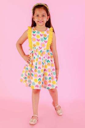 printed cotton round neck girls dress - multi