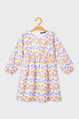 printed cotton round neck girls dress - multi