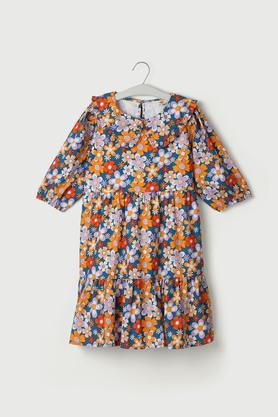 printed cotton round neck girls dress - multi