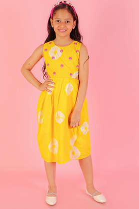 printed cotton round neck girls dress - yellow