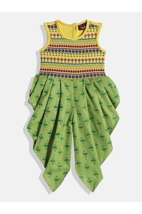 printed cotton round neck girls full length jumpsuit - yellow