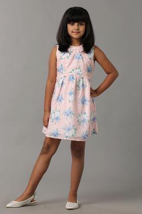 printed cotton round neck girls fusion wear dress - peach