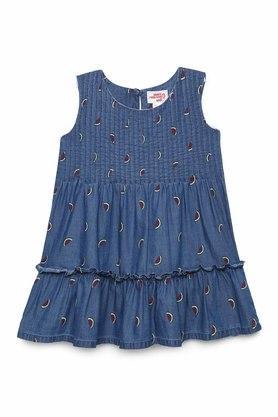 printed cotton round neck girls fusion wear dresses - blue