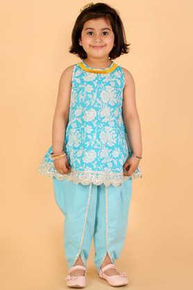 printed cotton round neck girls kurta dhoti set - blue