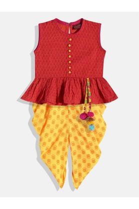 printed cotton round neck girls kurta dhoti set - rust