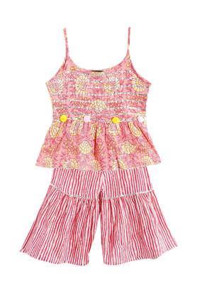 printed cotton round neck girls kurta with sharara - pink