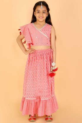 printed cotton round neck girls lehenga choli set - peach