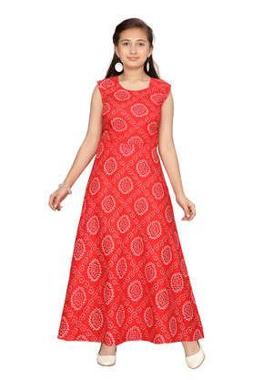 printed cotton round neck girls party wear dress - red