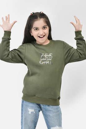 printed cotton round neck girls sweatshirt - green