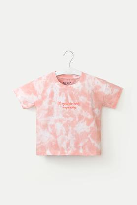 printed cotton round neck girls t-shirt - coral