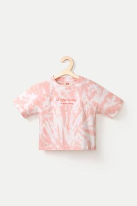 printed cotton round neck girls t-shirt - coral