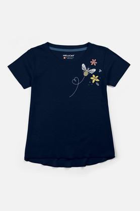 printed cotton round neck girls t-shirt - navy