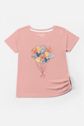 printed cotton round neck girls t-shirt - peach