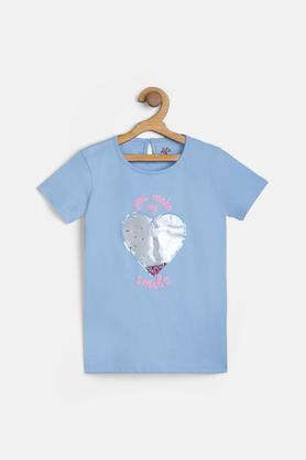 printed cotton round neck girls t-shirt - powder blue