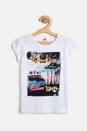 printed cotton round neck girls t-shirt - white