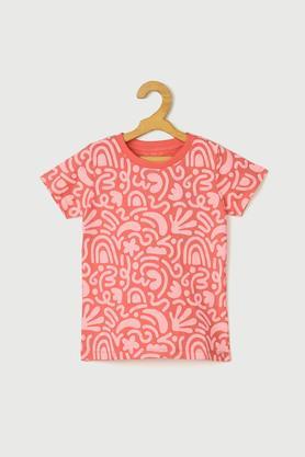 printed cotton round neck girls top - coral