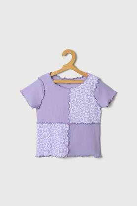 printed cotton round neck girls top - lilac