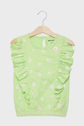 printed cotton round neck girls top - lime green