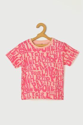 printed cotton round neck girls top - peach