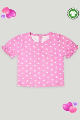 printed cotton round neck girls top - pink