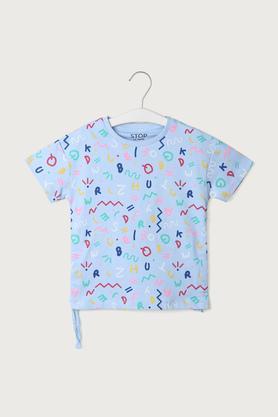 printed cotton round neck girls top - powder blue