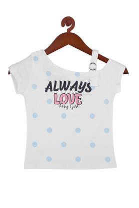 printed cotton round neck girls top - white