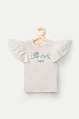 printed cotton round neck girls tops - white