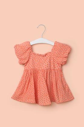 printed cotton round neck infant girl's top - coral