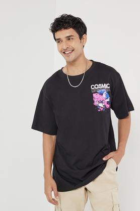 printed cotton round neck men's t-shirt - black