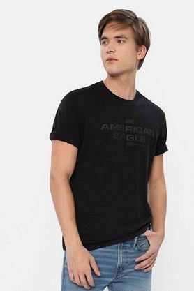 printed cotton round neck men's t-shirt - black