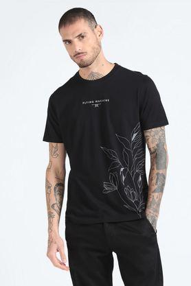 printed cotton round neck men's t-shirt - black