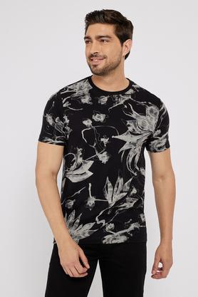 printed cotton round neck men's t-shirt - black