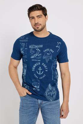 printed cotton round neck men's t-shirt - blue