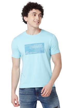 printed cotton round neck men's t-shirt - blue