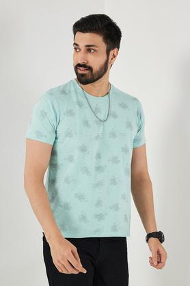 printed cotton round neck men's t-shirt - blue