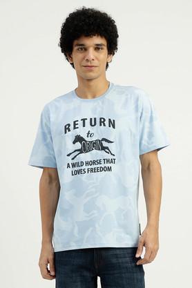 printed cotton round neck men's t-shirt - blue