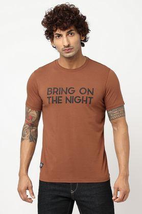 printed cotton round neck men's t-shirt - brown