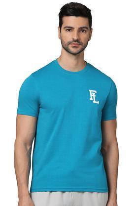 printed cotton round neck men's t-shirt - mid blue