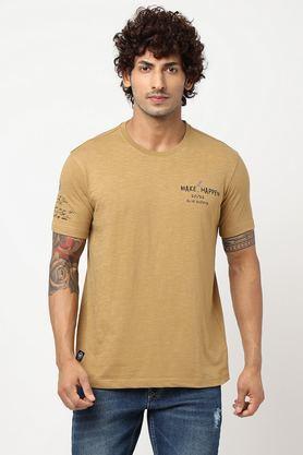 printed cotton round neck men's t-shirt - tan