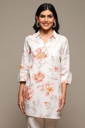 printed cotton round neck women's casual shirt - off white