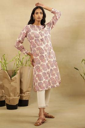 printed cotton round neck women's casual wear kurta - ecru