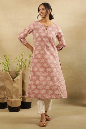 printed cotton round neck women's casual wear kurta - pink