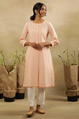 printed cotton round neck women's casual wear kurta - pink