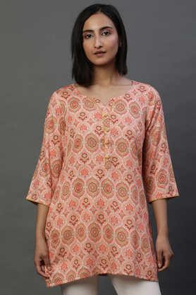 printed cotton round neck women's casual wear kurti - orange