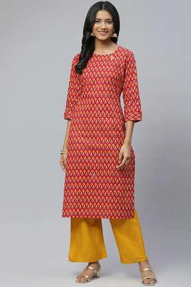 printed cotton round neck women's casual wear kurti - red